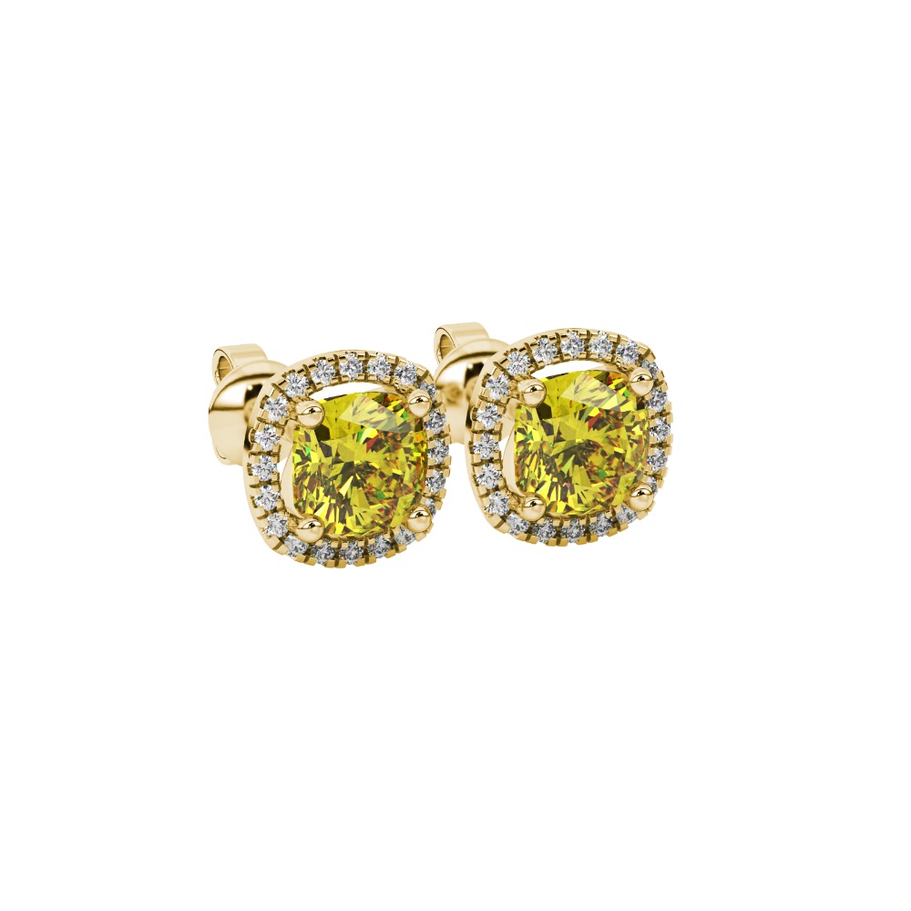 Yellow cushion cut gemstone stud earrings with double diamond halo in gold