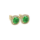 Green cushion cut gemstone stud earrings with double diamond halo in gold