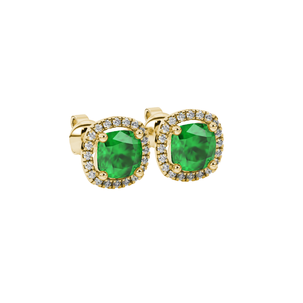 Green cushion cut gemstone stud earrings with double diamond halo in gold