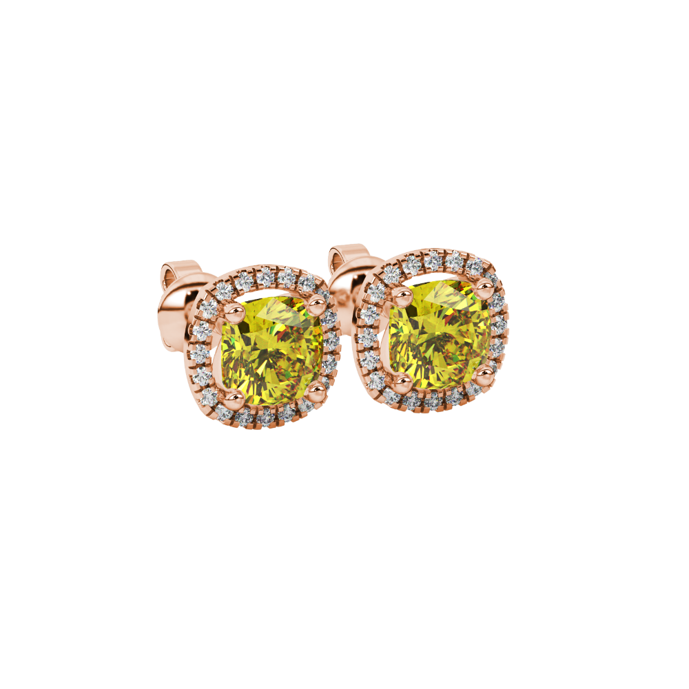 Yellow cushion cut gemstone stud earrings with double diamond halo in gold