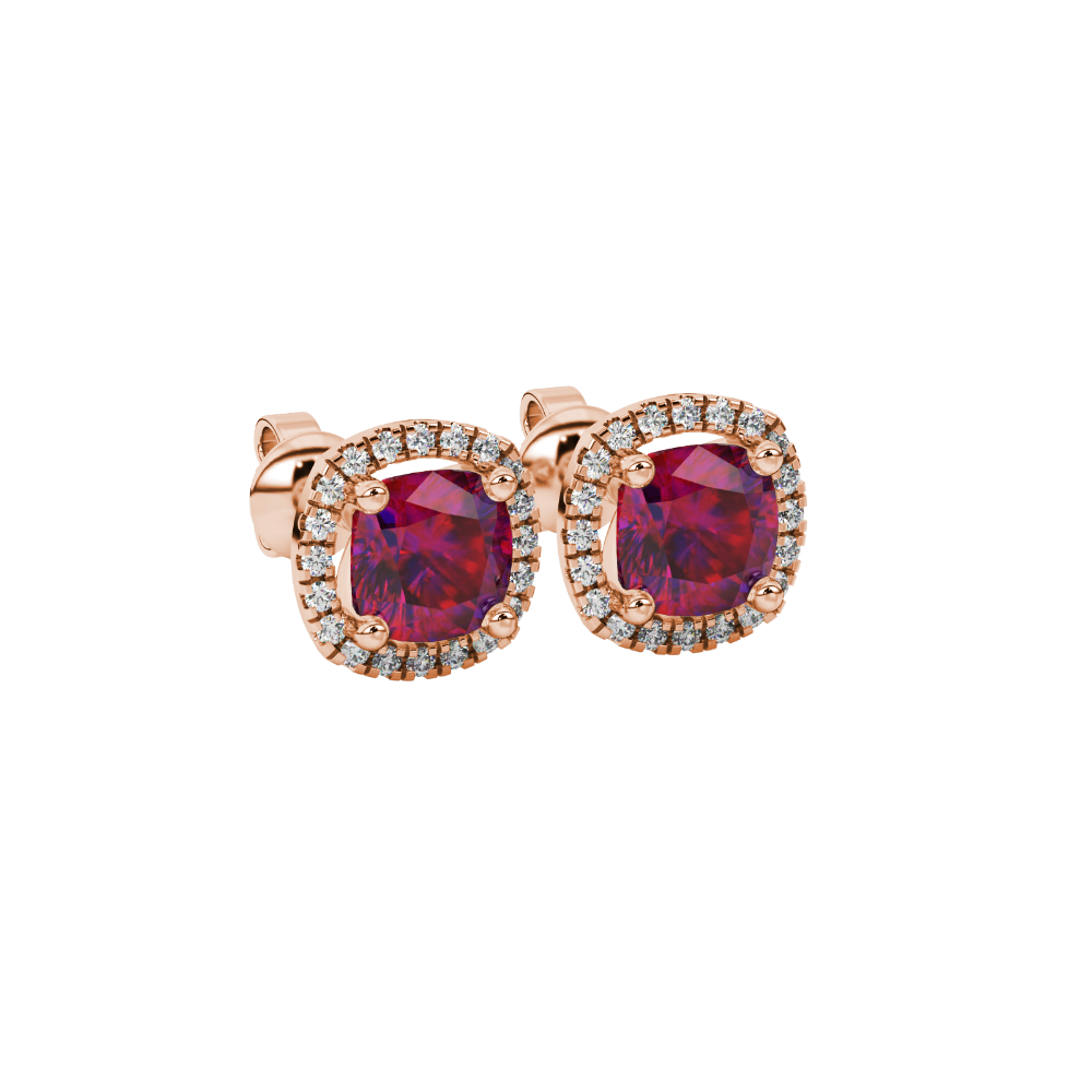 Red cushion cut gemstone stud earrings with double diamond halo in gold