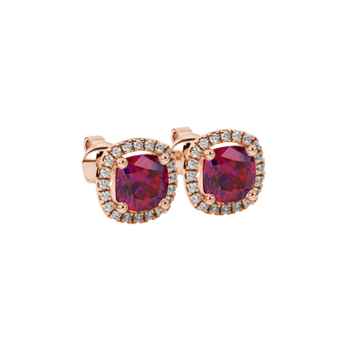 Red cushion cut gemstone stud earrings with double diamond halo in gold