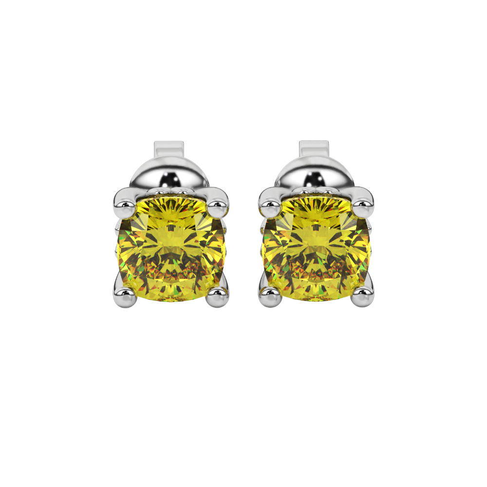 Yellow cushion cut solitaire gemstone stud earrings in gold with four prong setting