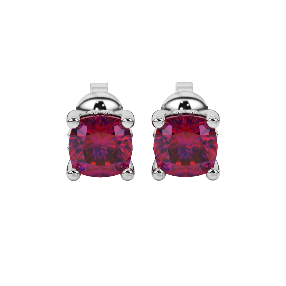 Red cushion cut solitaire gemstone stud earrings in gold with four prong setting