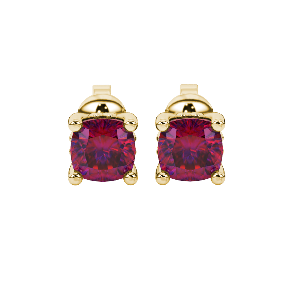 Red cushion cut solitaire gemstone stud earrings in gold with four prong setting