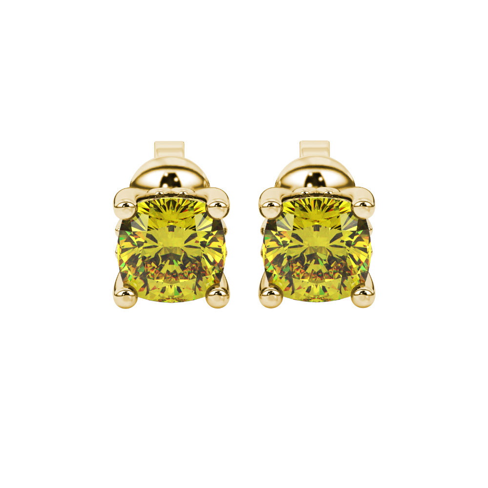 Yellow cushion cut solitaire gemstone stud earrings in gold with four prong setting