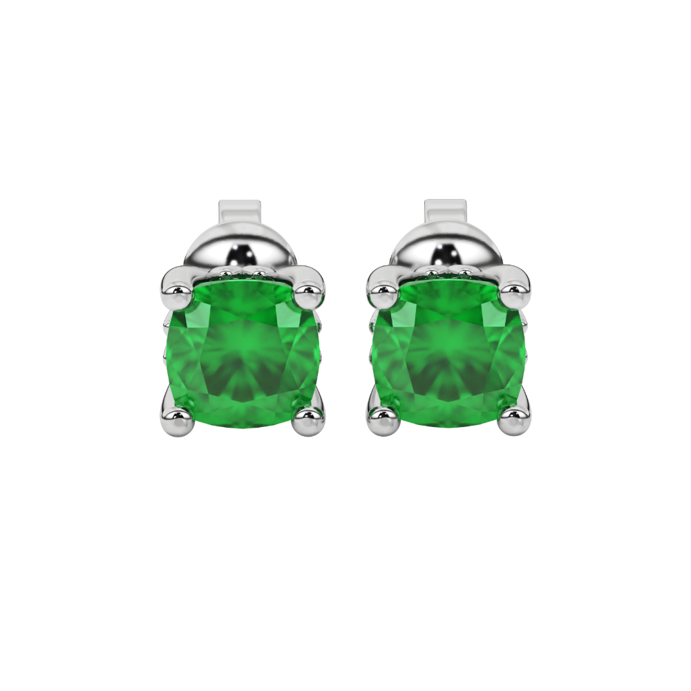 Green cushion cut solitaire gemstone stud earrings in gold with four prong setting
