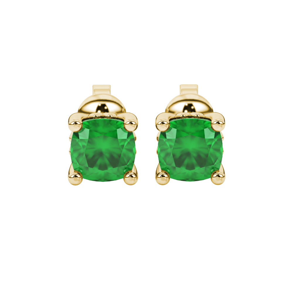 Green cushion cut solitaire gemstone stud earrings in gold with four prong setting