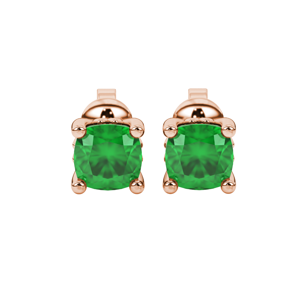 Green cushion cut solitaire gemstone stud earrings in gold with four prong setting