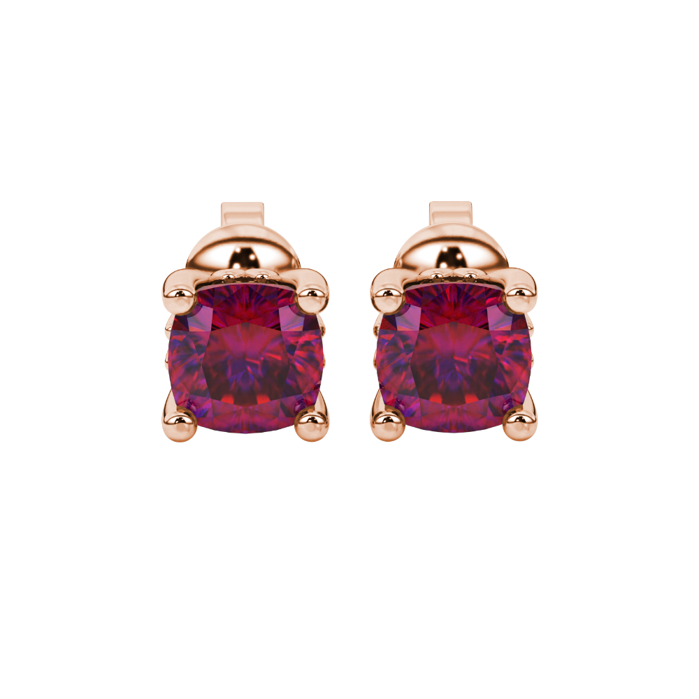 Red cushion cut solitaire gemstone stud earrings in gold with four prong setting