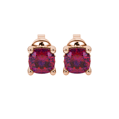 Red cushion cut solitaire gemstone stud earrings in gold with four prong setting