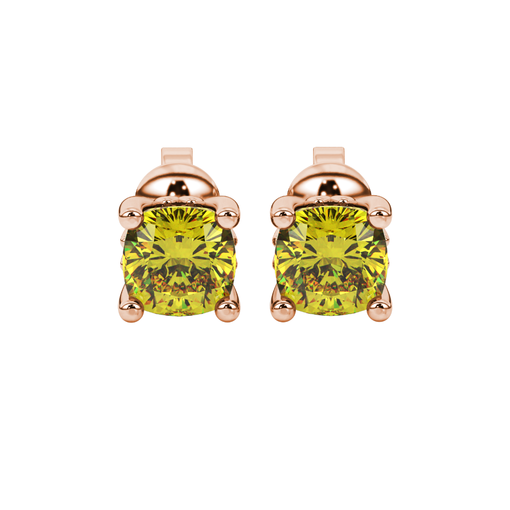 Yellow cushion cut solitaire gemstone stud earrings in gold with four prong setting