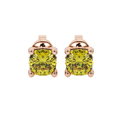 Yellow cushion cut solitaire gemstone stud earrings in gold with four prong setting