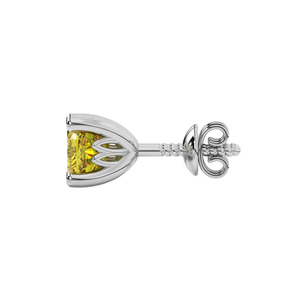 Yellow cushion cut solitaire gemstone stud earrings in gold with four prong setting