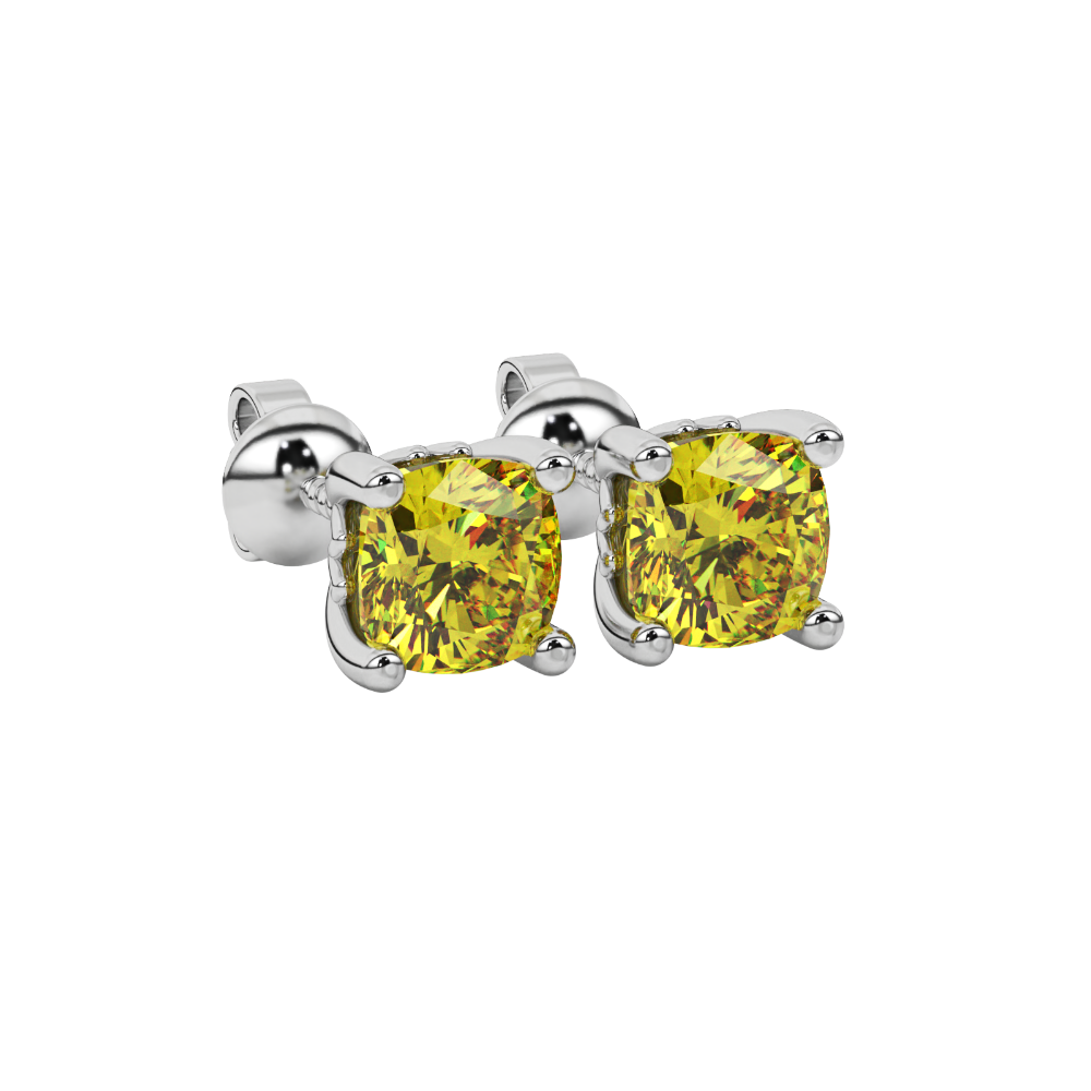 Yellow cushion cut solitaire gemstone stud earrings in gold with four prong setting