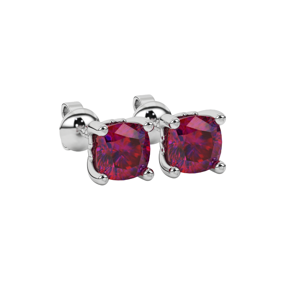 Red cushion cut solitaire gemstone stud earrings in gold with four prong setting