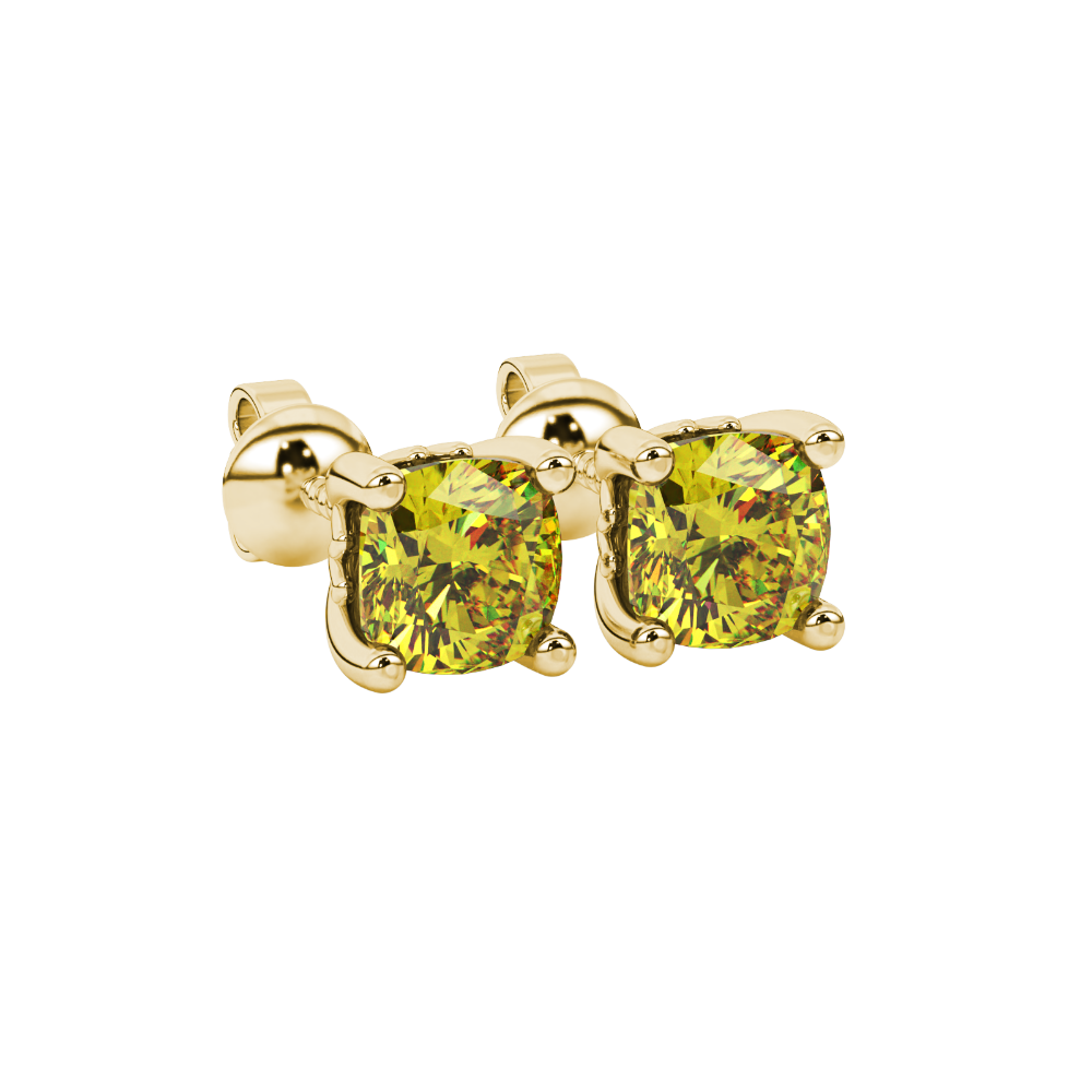 Yellow cushion cut solitaire gemstone stud earrings in gold with four prong setting