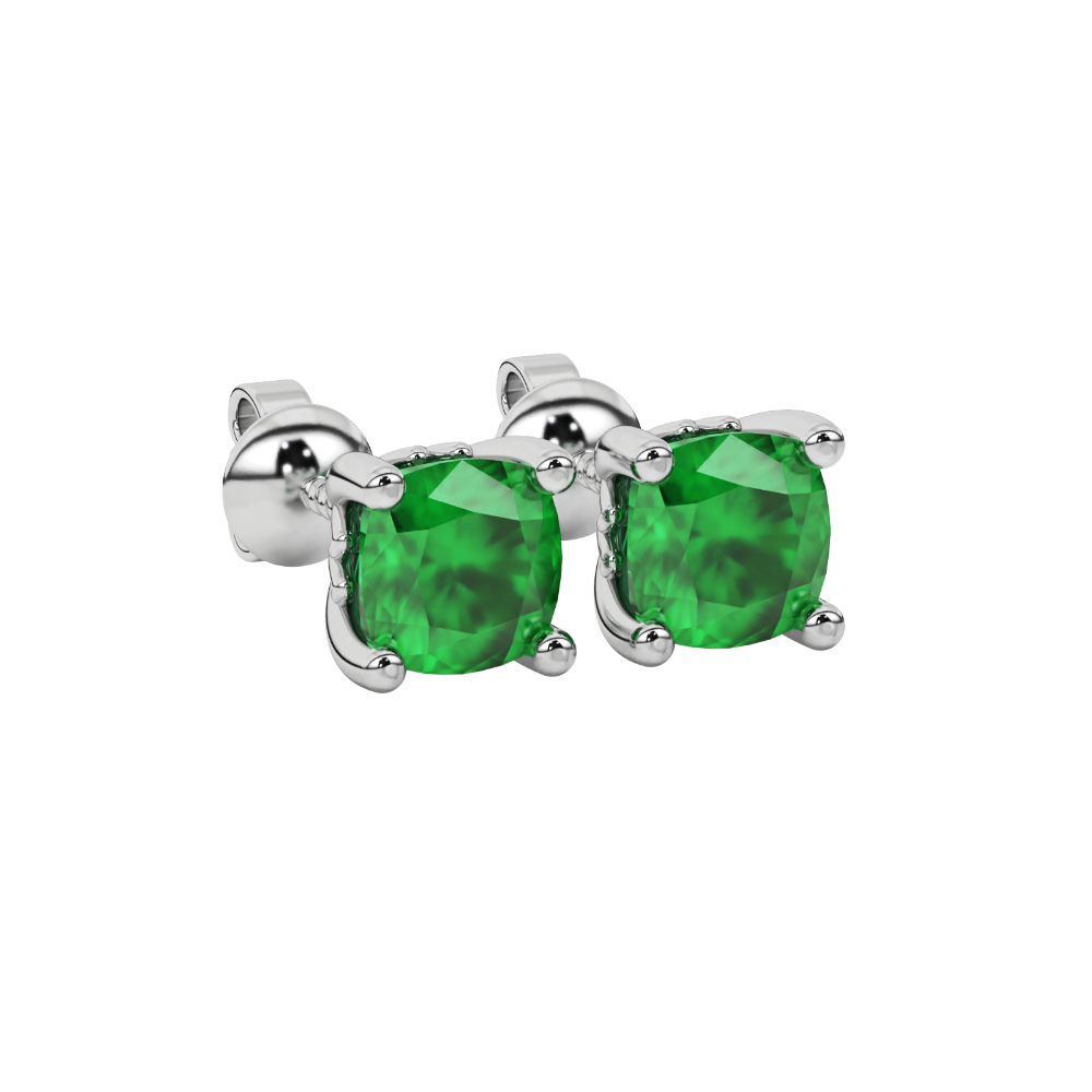 Green cushion cut solitaire gemstone stud earrings in gold with four prong setting