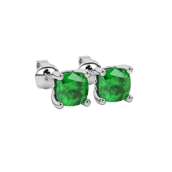 Green cushion cut solitaire gemstone stud earrings in gold with four prong setting