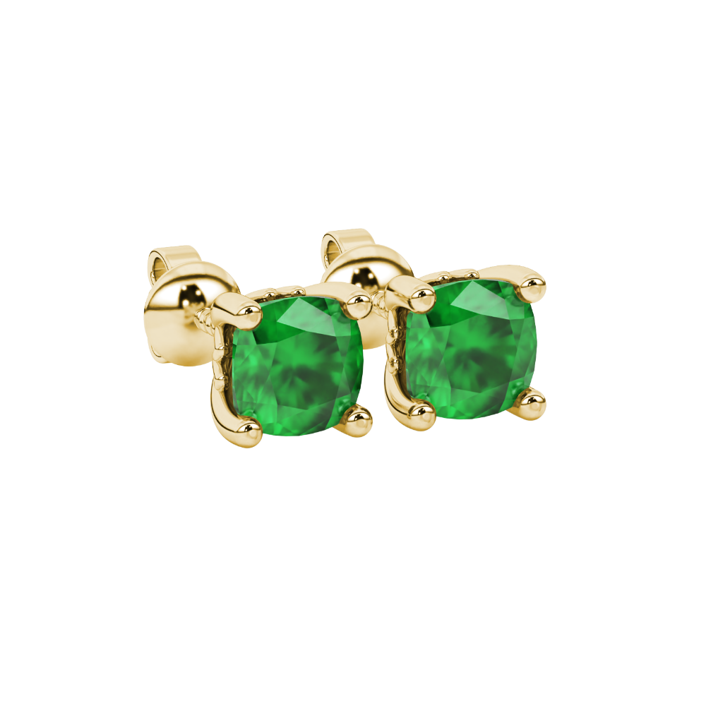 Green cushion cut solitaire gemstone stud earrings in gold with four prong setting