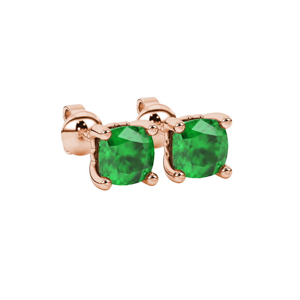 Green cushion cut solitaire gemstone stud earrings in gold with four prong setting
