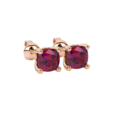 Red cushion cut solitaire gemstone stud earrings in gold with four prong setting