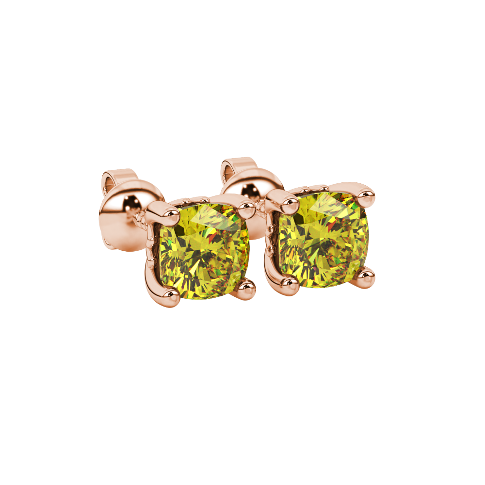 Yellow cushion cut solitaire gemstone stud earrings in gold with four prong setting