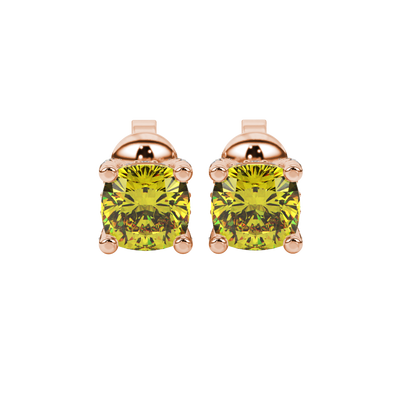 Yellow cushion cut gemstone stud earrings with hidden diamond halo in white gold
