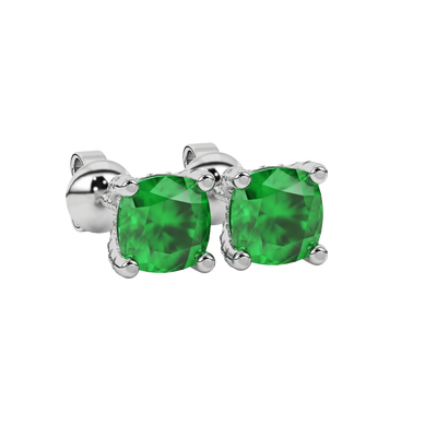 Green cushion cut gemstone stud earrings with hidden diamond halo in yellow gold