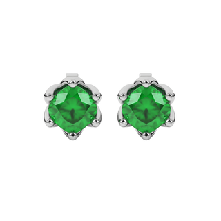 Emerald Green cushion scalloped six-prong gemstone stud earrings in White Gold