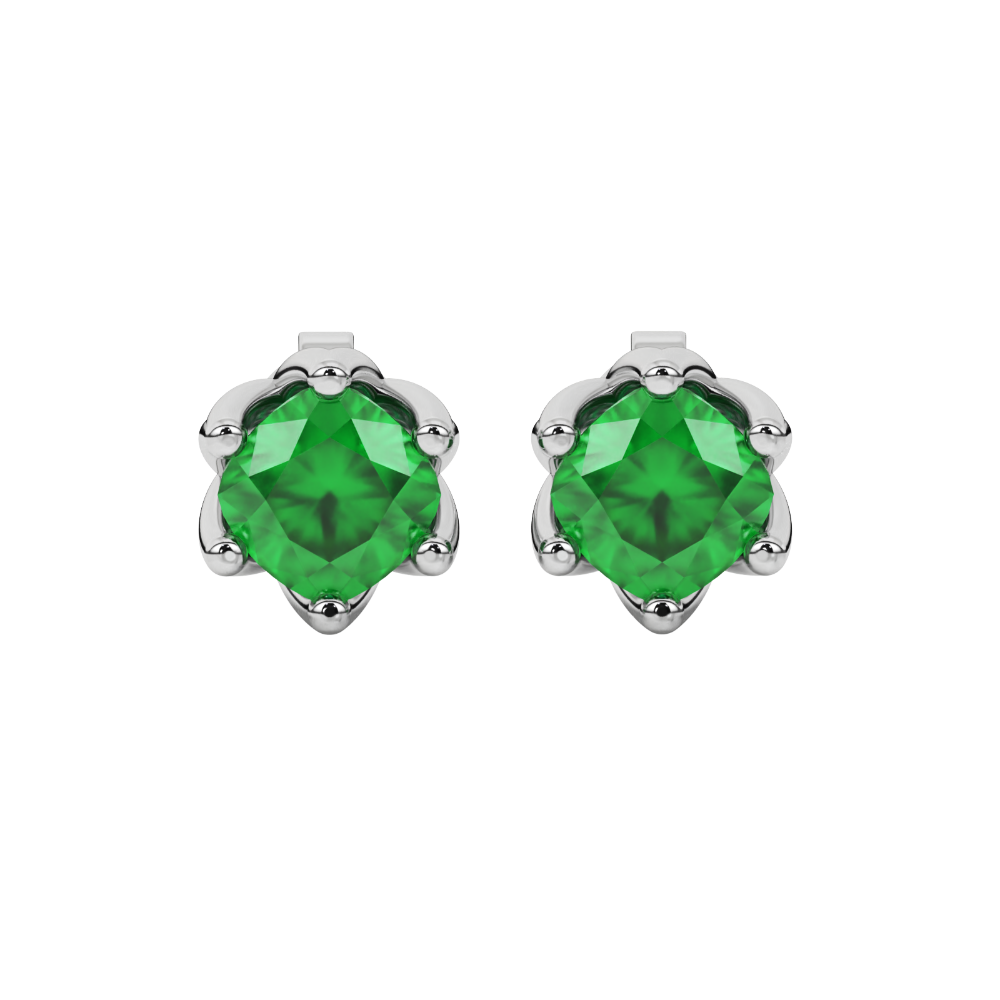 Green cushion cut floral stud earrings in yellow gold with six prong flower setting