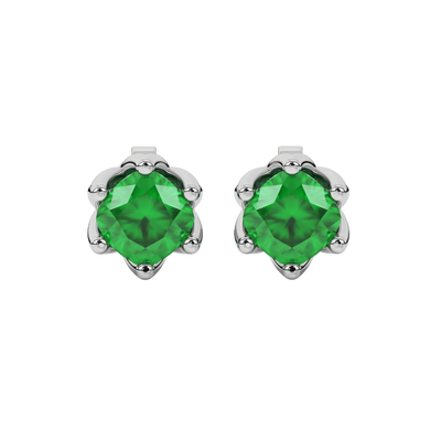 Emerald Green cushion scalloped six-prong gemstone stud earrings in White Gold