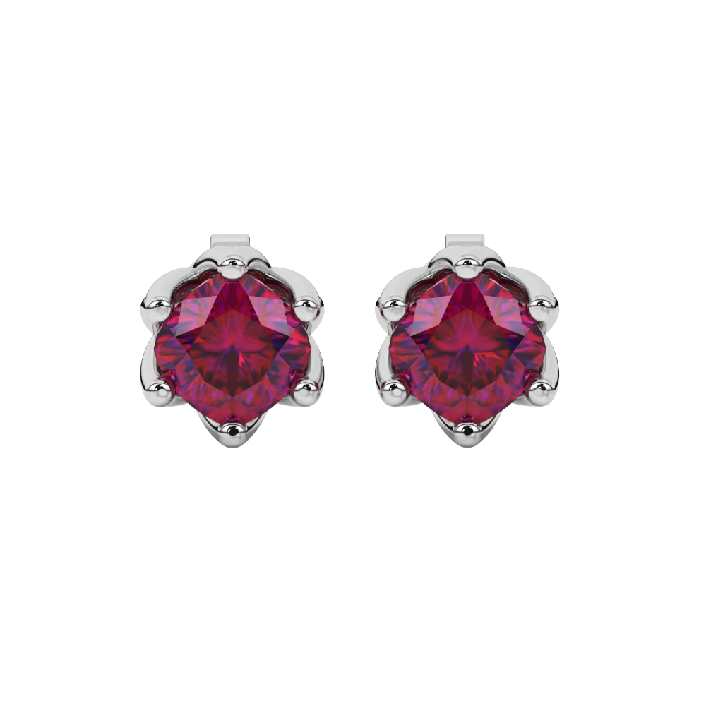 Red cushion cut floral stud earrings in yellow gold with six prong flower setting