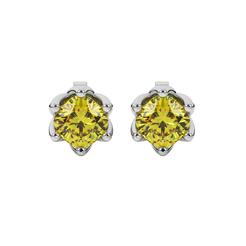 Yellow cushion cut floral stud earrings in white gold with six prong flower setting
