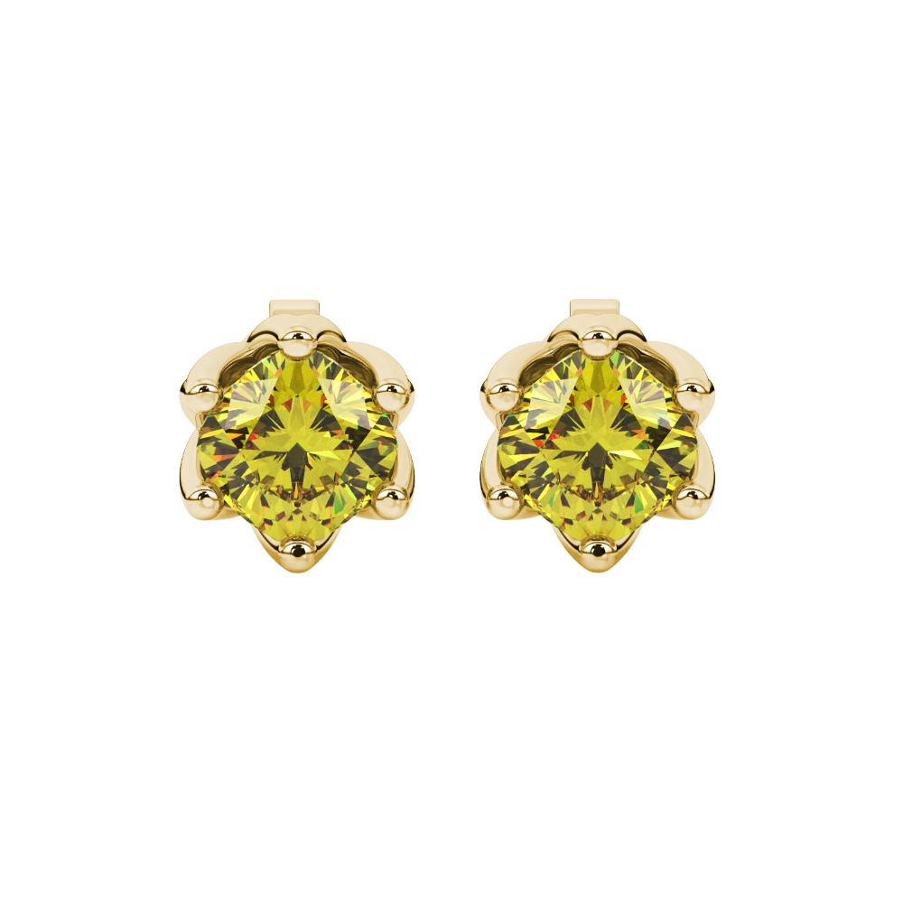 Yellow cushion cut floral stud earrings in white gold with six prong flower setting