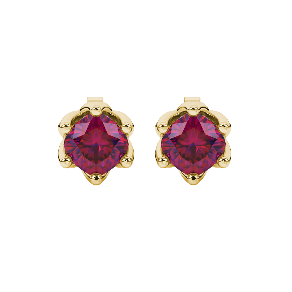 Red cushion cut floral stud earrings in yellow gold with six prong flower setting