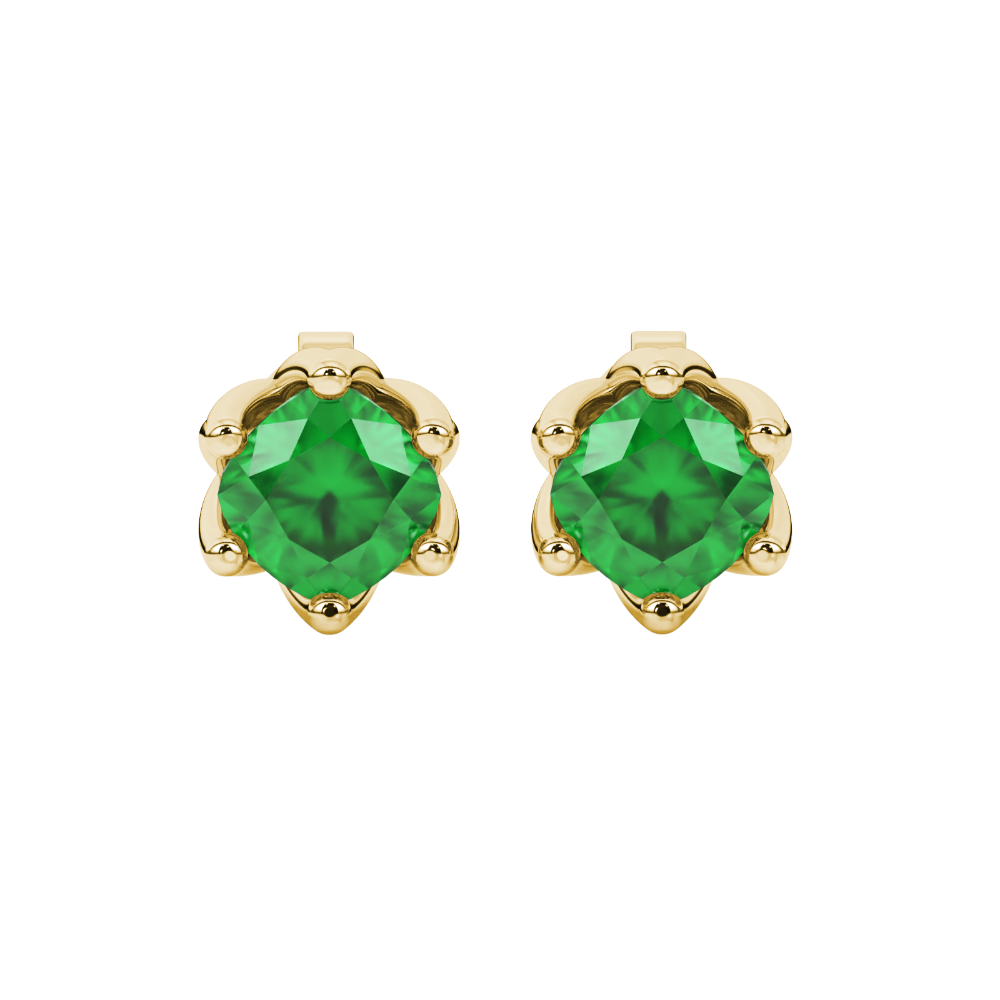 Green cushion cut floral stud earrings in yellow gold with six prong flower setting