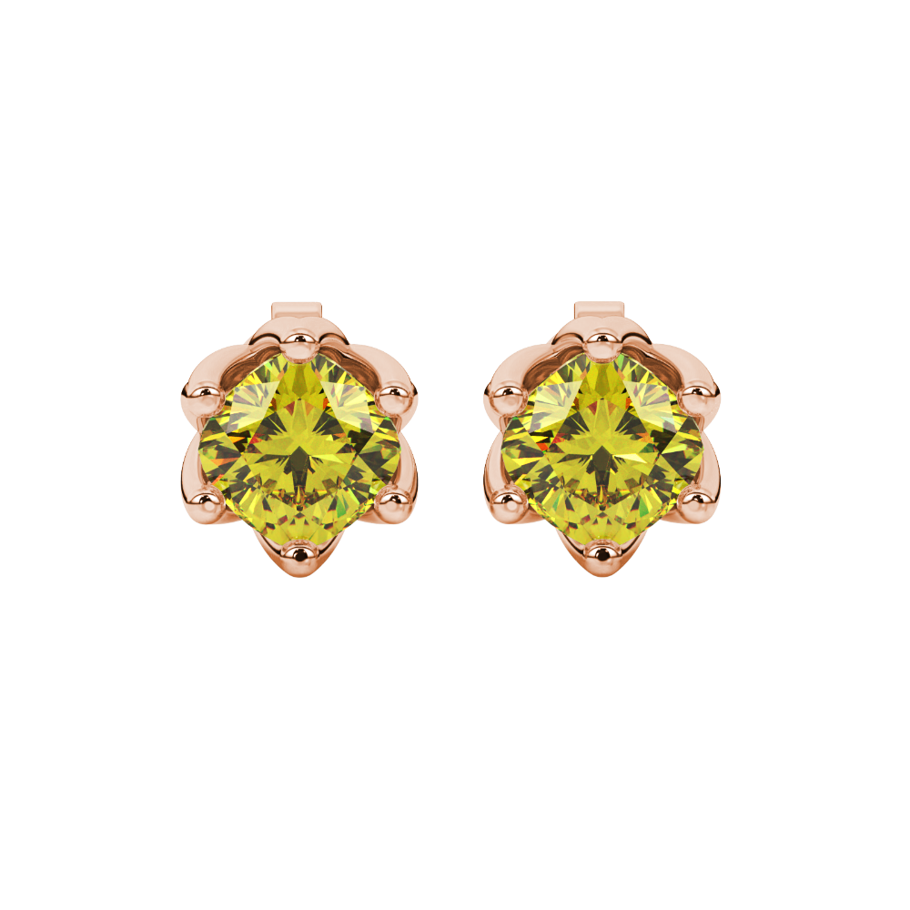 Yellow cushion cut floral stud earrings in white gold with six prong flower setting