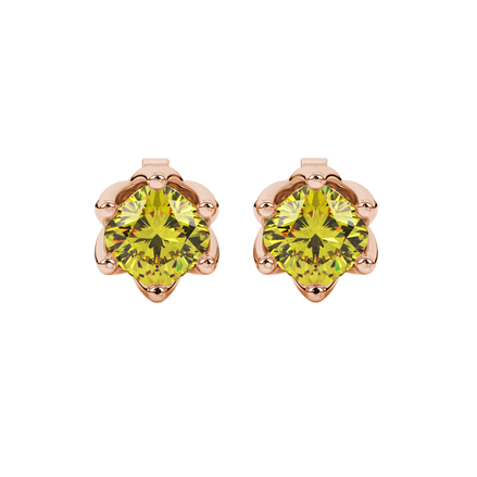 Yellow cushion cut floral stud earrings in white gold with six prong flower setting