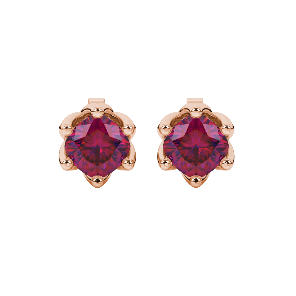 Red cushion cut floral stud earrings in yellow gold with six prong flower setting