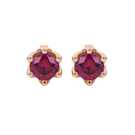 Red cushion cut floral stud earrings in yellow gold with six prong flower setting
