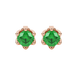Green cushion cut floral stud earrings in yellow gold with six prong flower setting
