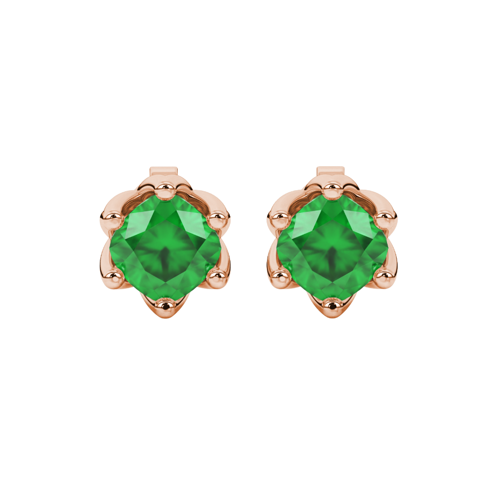 Green cushion cut floral stud earrings in yellow gold with six prong flower setting