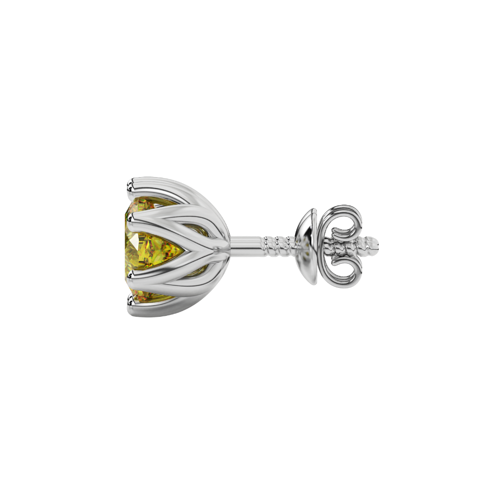 Yellow cushion cut floral stud earrings in white gold with six prong flower setting