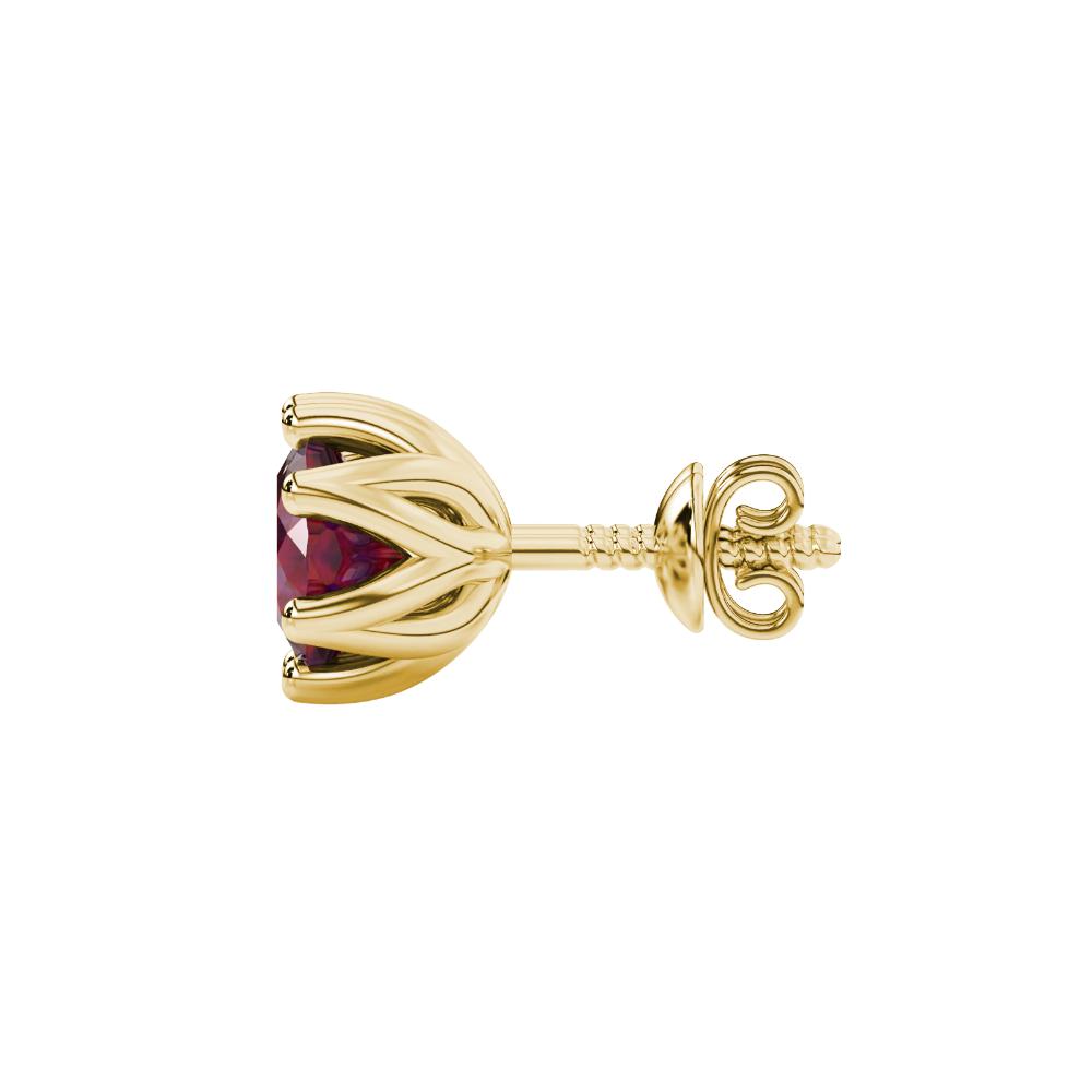 Red cushion cut floral stud earrings in yellow gold with six prong flower setting