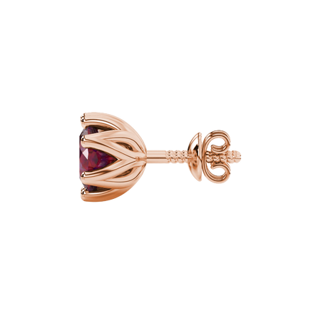 Red cushion cut floral stud earrings in yellow gold with six prong flower setting