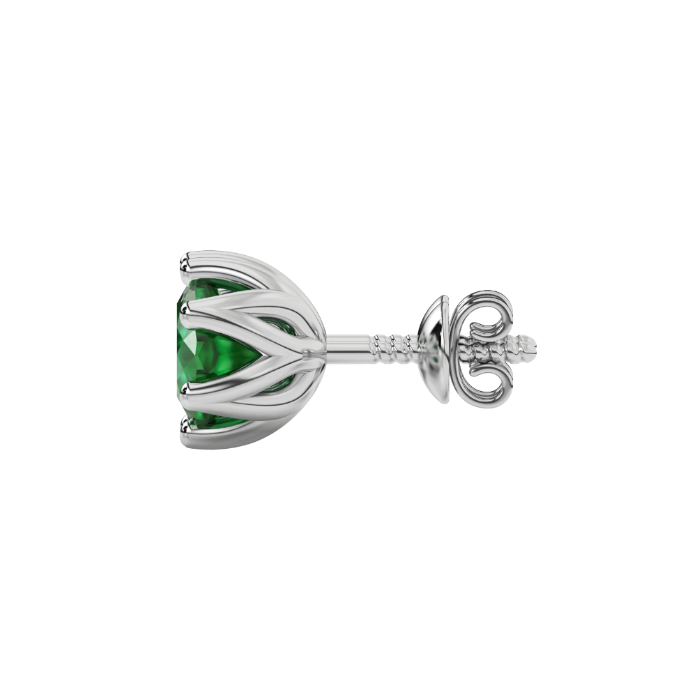 Green cushion cut floral stud earrings in yellow gold with six prong flower setting