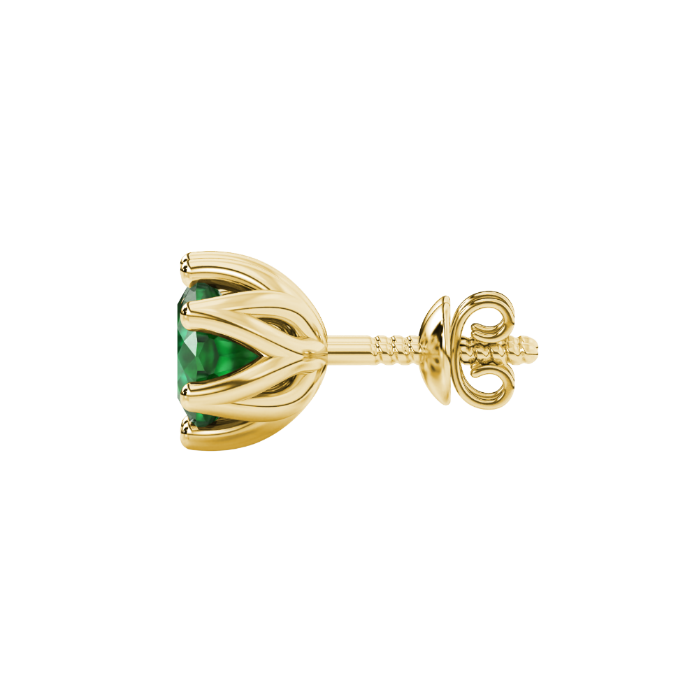 Green cushion cut floral stud earrings in yellow gold with six prong flower setting