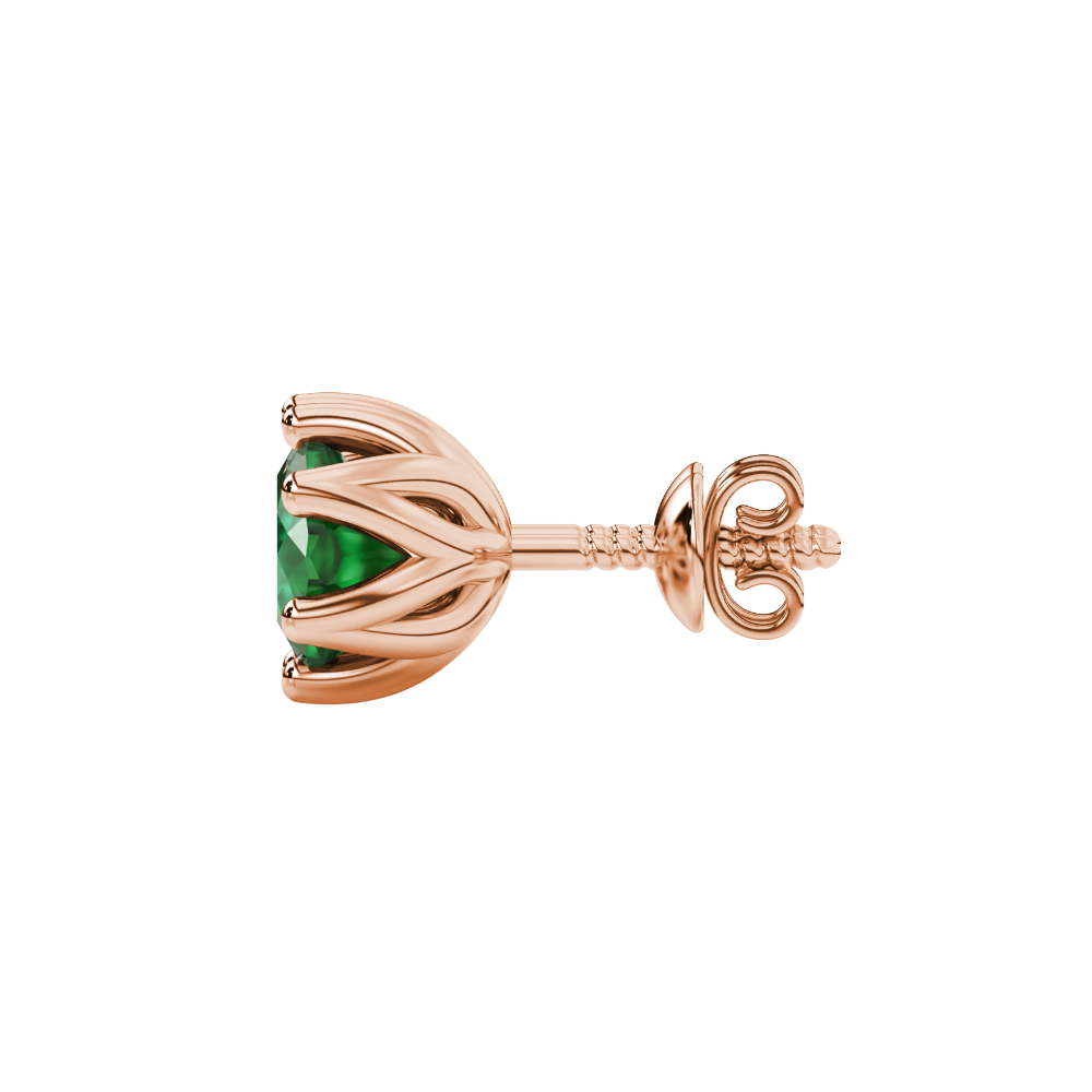 Green cushion cut floral stud earrings in yellow gold with six prong flower setting