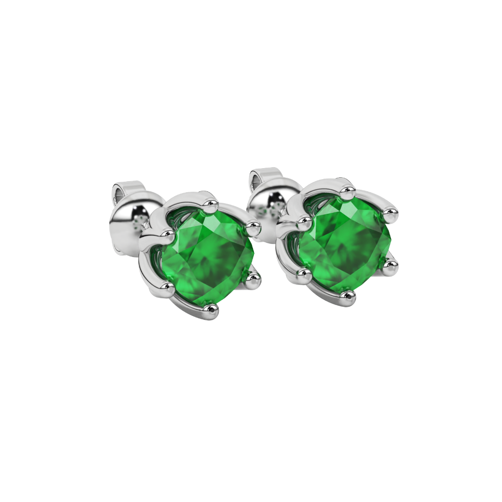 Green cushion cut floral stud earrings in yellow gold with six prong flower setting